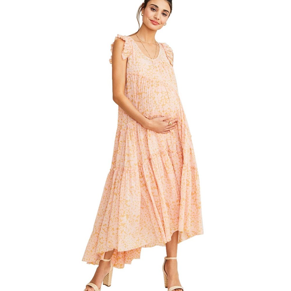 Hatch Womens Apricot Maternity Anaelle Silk Dress Sz 2 Ruffle SleeveAsymmetrical
